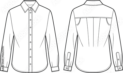 Long sleeve shirt, button-up shirt, fashion flat, technical sketch, garment blueprint, clothing template, apparel design, shirt front back, collar detail, cuff buttons, pleated back, yoke seam