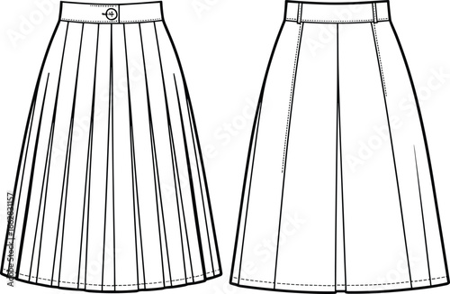 Pleated and A-line skirt sketch, waistband detail, button and belt loop design, front view fashion template, garment vector illustration