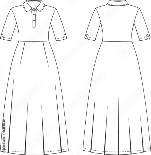 Technical dress drawing, front and back view, collared neckline, button placket, pleated skirt, cuffed sleeves, fashion design, sewing template