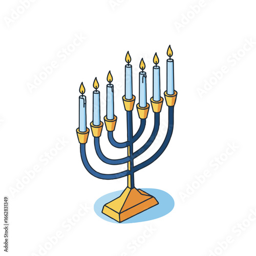 Vibrant isometric menorah in a 2D flat vector style with crisp lines and solid colors, its candles glowing, rests on a soft blue gradient surface against a white background.
