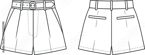 Technical fashion sketch, tailored shorts front and back view, belt loops, pleats, welt pockets, garment design, sewing pattern, apparel blueprint