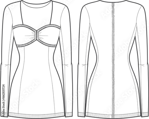 Women’s long sleeve top flat sketch, technical fashion drawing, lingerie inspired blouse design, vector template, apparel illustration, garment outline, front and back view
