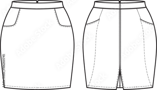 Women’s pencil skirt fashion flat sketch, vector skirt technical drawing, elegant office skirt template, apparel design CAD illustration for fashion