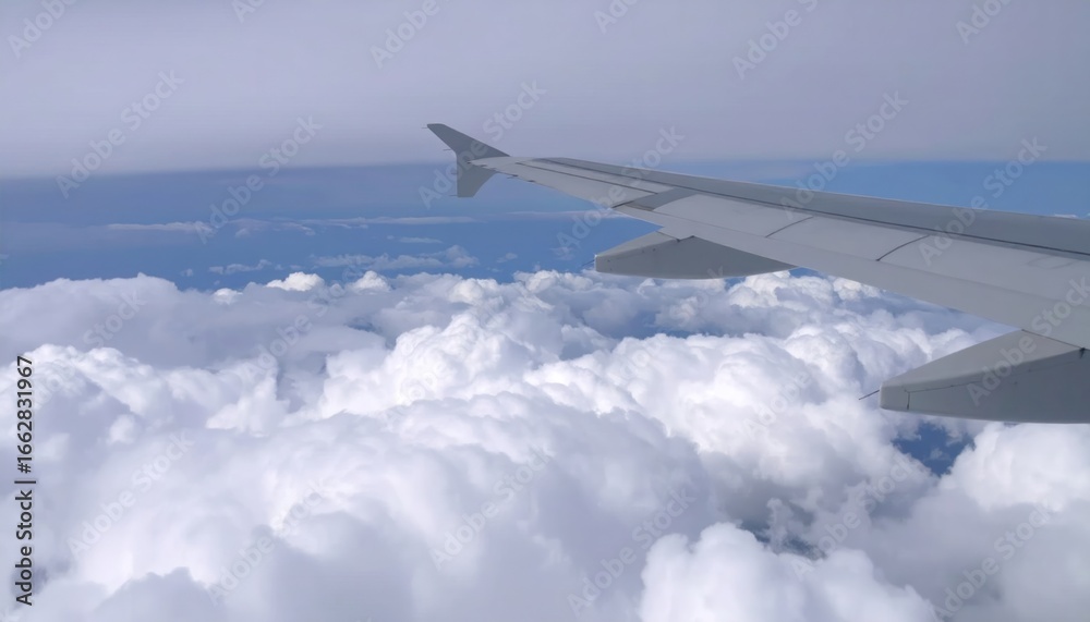 Fototapeta premium Airplane wing view flying above clouds with travel, and sky.