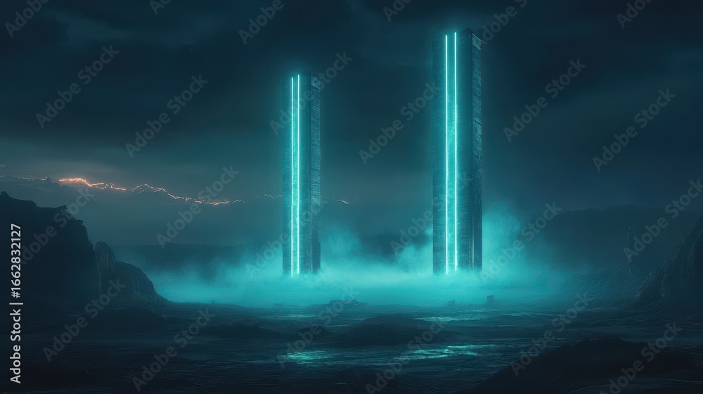 Obraz premium Car vintage night concept. Futuristic towers illuminated in a mystical, foggy landscape.