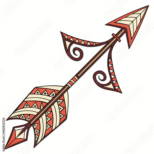 Decorative tribal arrow with intricate geometric patterns and swirling fletching in warm earth tones