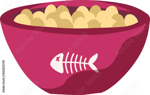Cat food bowl with a fishbone illustration, containing dry kibble