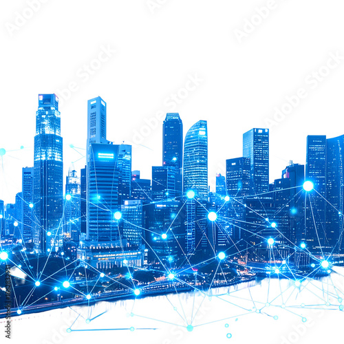 Modern city skyline illuminated by a glowing digital network of connections