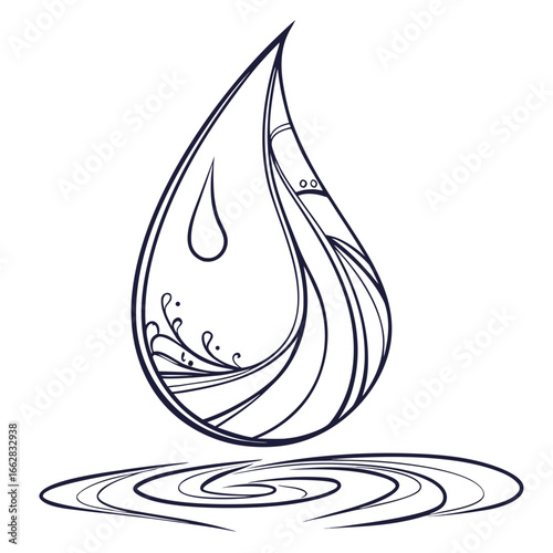 Stylized artistic outline of a large water drop with internal flowing lines and ripples below