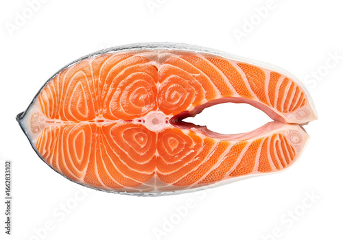 A vivid, close-up view of a fresh salmon fillet, showcasing its distinct, intricate, and vibrant orange-pink tones against a stark black backdrop.
