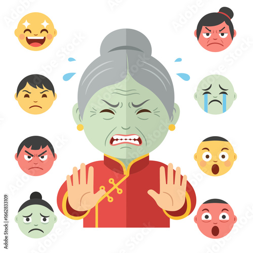 A modern flat design vector illustration of a disgusted Chinese cartoon character. This set also includes happy, sad, angry, and surprised emoticons. 