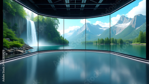 Immersive Multimedia Video Wall Displaying Vivid Nature Scenes in Futuristic Interior
