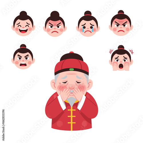 Ashamed Chinese cartoon character in modern flat design vector, with happy, sad, angry, and surprised emoticons. Ideal for microstock collections.