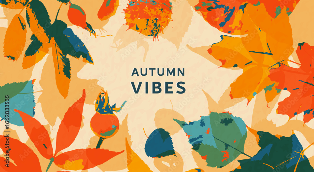 Autumn leaves background vector illustration. Creative fall design template with leaf foliage and retro textured effect for advertising, social media post, holiday invitation