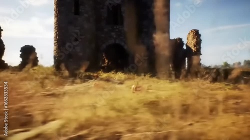 Ruins and pumpkins in field