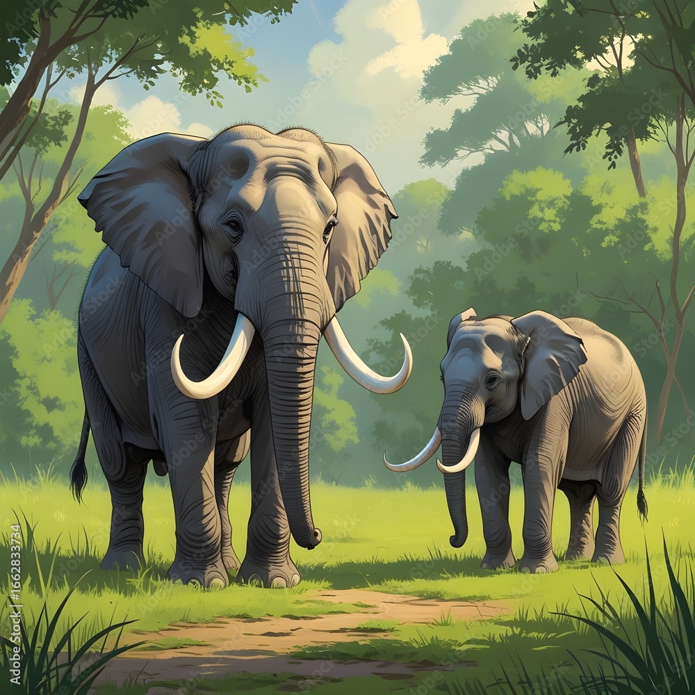 Fototapeta premium The elephant and its baby are walking around the forest 