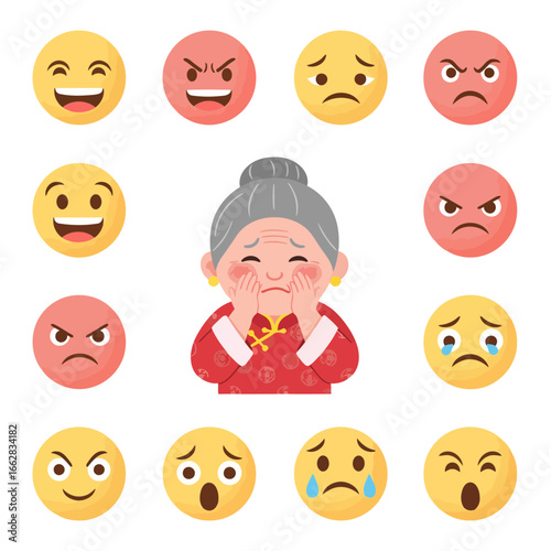 Flat design vector set of a Chinese cartoon character showing ashamed, happy, sad, angry, and surprised emotions. Perfect illustration for microstock collections.