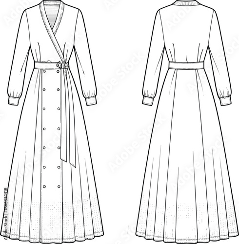Women maxi dress CAD flat sketch, fashion vector illustration, wrap long dress with belt, double breasted gown, embroidered hem design
