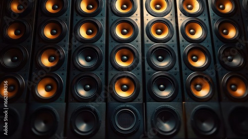 Close-up view of multiple tall black speaker columns with orange and black circular cones, arranged symmetrically in rows, creating a pattern of sound equipment