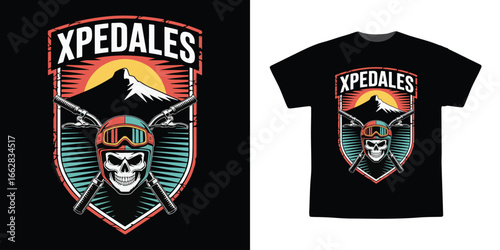 Biker Skull Emblem with Crossed Handlebars and Mountain Sunset Vector T-Shirt Design