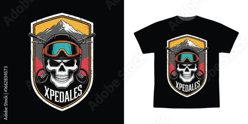 Biker Skull Emblem with Crossed Handlebars and Mountain Sunset Vector T-Shirt Design