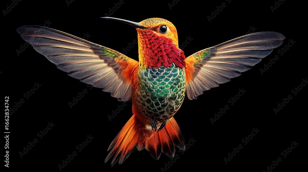 Fototapeta premium A brightly colored hummingbird with outstretched wings against a black background, showcasing its vibrant plumage