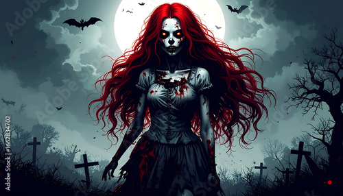 Zombie girl with long red hair and glowing eyes stands in eerie graveyard under full moon, dark clouds and flying bats create spooky atmosphere