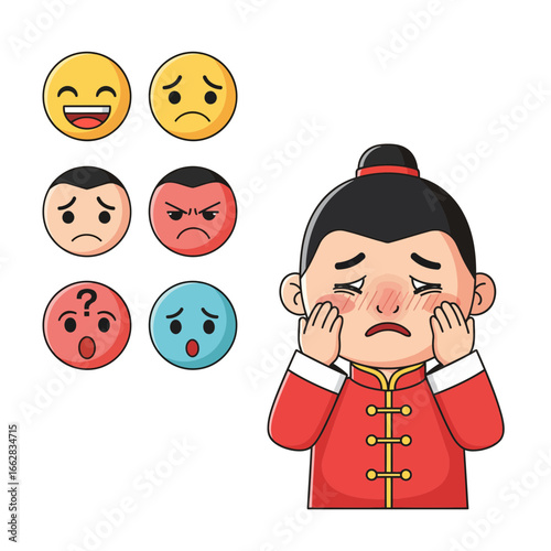 High-quality flat design vector of an ashamed Chinese cartoon emoticon, including happy, sad, angry, and surprised expressions for stock illustration needs.