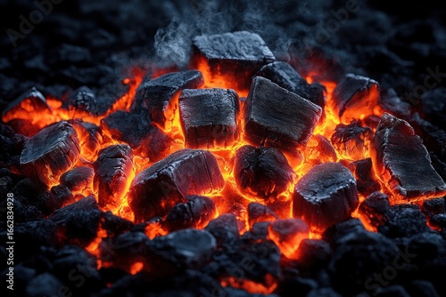 Close-up of glowing hot charcoal briquettes with visible red-orange heat and smoke rising in a dark setting