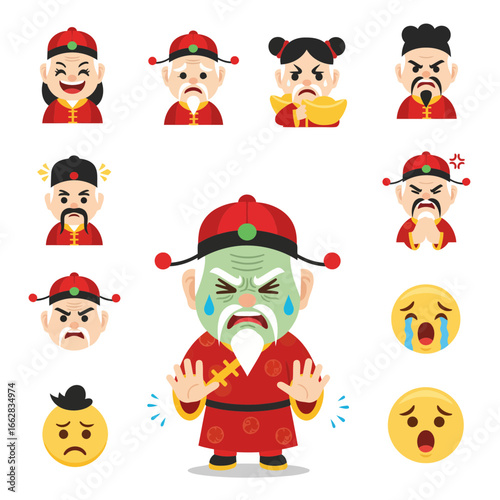 Modern flat design cartoon vector of a disgusted Chinese character with expressive emoticons—happy, sad, angry, and surprised—great for microstock and apps.