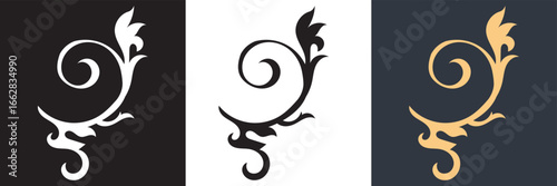 Ornamental floral swirl vector design variations.  Decorative floral swirl ornament shown in multiple color variations including black, white, and gold, ideal for vintage or classical design projects
