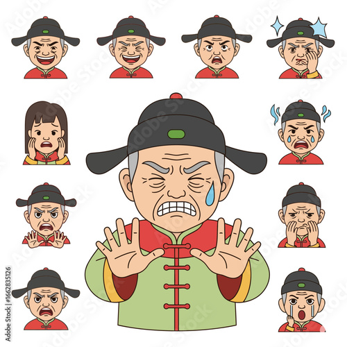 Modern flat design vector of a disgusted Chinese cartoon character with happy, sad, angry, and surprised emoticons. Perfect for microstock and creative projects.