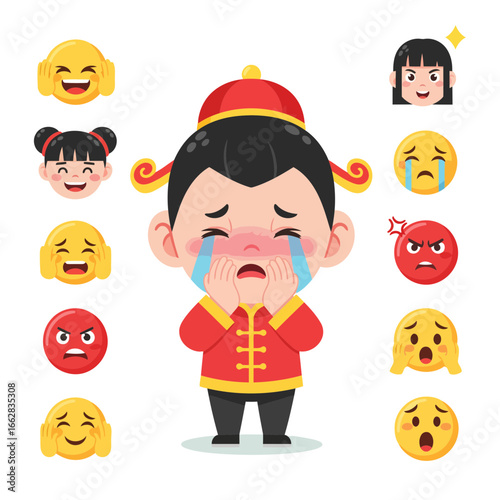 Modern flat design vector of an ashamed Chinese cartoon character with happy, sad, angry, and surprised emoticons. Perfect for creative microstock projects.