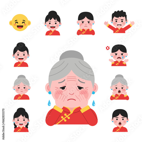 Modern flat design vector of an ashamed Chinese cartoon character with happy, sad, angry, and surprised emoticons. Perfect for microstock and creative projects.