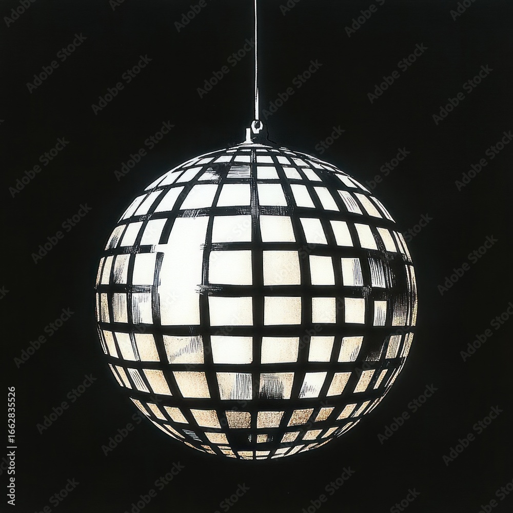 Obraz premium Glowing spherical pendant light with a geometric grid pattern hanging against a black background