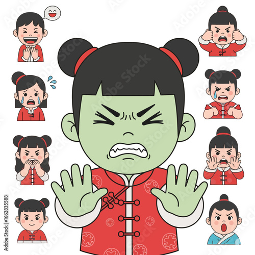 Modern flat style cartoon character vector of disgust expression, including happy, sad, angry, and surprised emoticons, perfect for microstock and digital design.