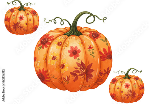 Autumn Harvest Decorated Pumpkins on Black Background isolated on transparent background