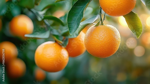 Close-up of ripe oranges hanging from green leafy branches with soft sunlight and blurred background creating a fresh and natural atmosphere
