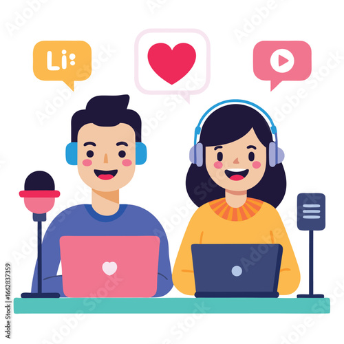 Two podcasters are recording a new episode with laptops and microphones isolated on white background