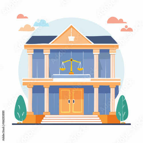 Conceptual flat design illustration of a dignified courthouse building, featuring the iconic scales of justice symbol, representing the core principles of law, order, and fairness