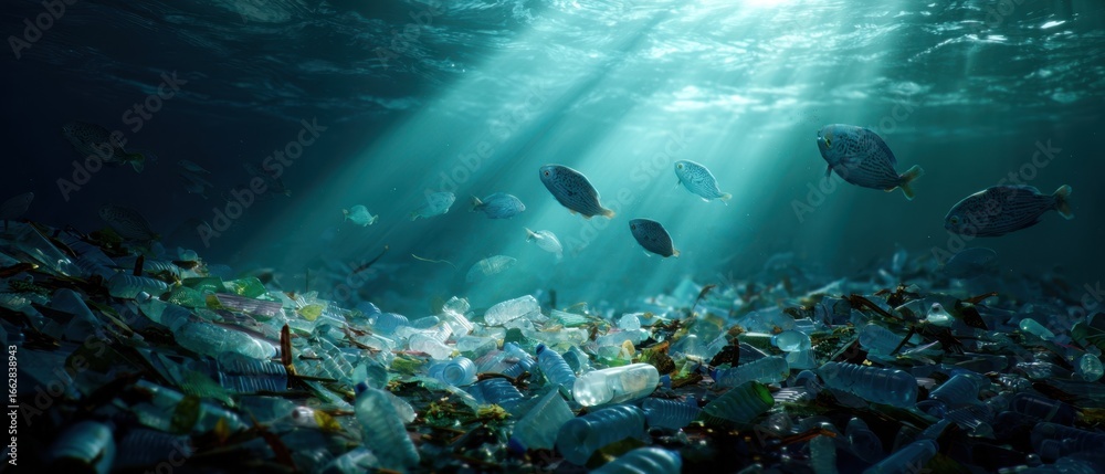 Naklejka premium The underwater scene of fish swimming above plastic pollution in the ocean.