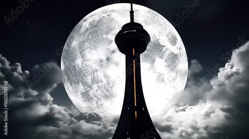 Silhouette tower night moon clouds