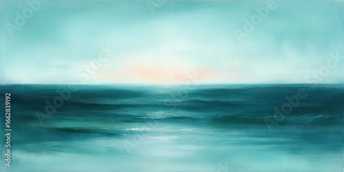 Calm and serene ocean landscape with soft blue and turquoise waves meeting the clear sky at the horizon with a gentle glow of sunlight