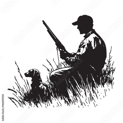Hunter and Gun Dog Bird Hunting Silhouette Set - Vector Illustrations.