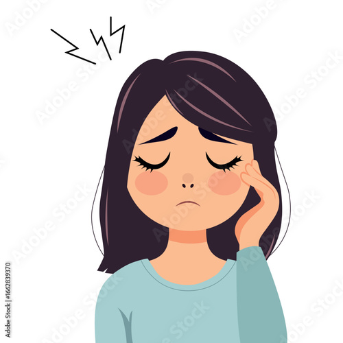 Portrait of a sad girl with a headache who closed her eyes and put her hand to her head, isolate on a white background, simple illustration, flat style, minimalism, emotional sticker