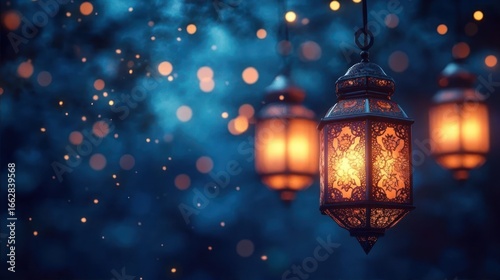 Wallpaper Mural Ornate hanging lanterns glowing warmly against a blurred blue background with soft bokeh light effects creating a magical and serene atmosphere Torontodigital.ca