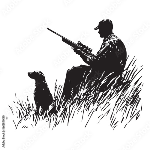 Hunter and Gun Dog Bird Hunting Silhouette Set - Vector Illustrations.