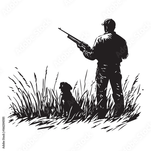 Hunter and Gun Dog Bird Hunting Silhouette Set - Vector Illustrations.