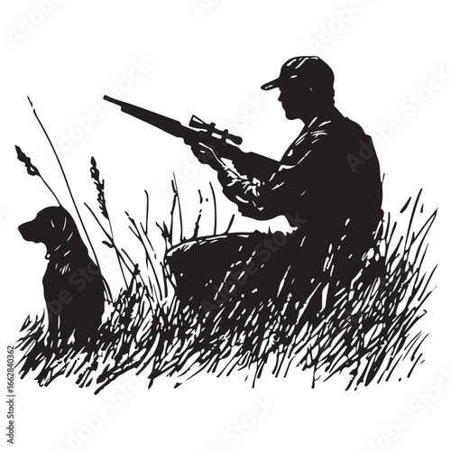Hunter and Gun Dog Bird Hunting Silhouette Set - Vector Illustrations.