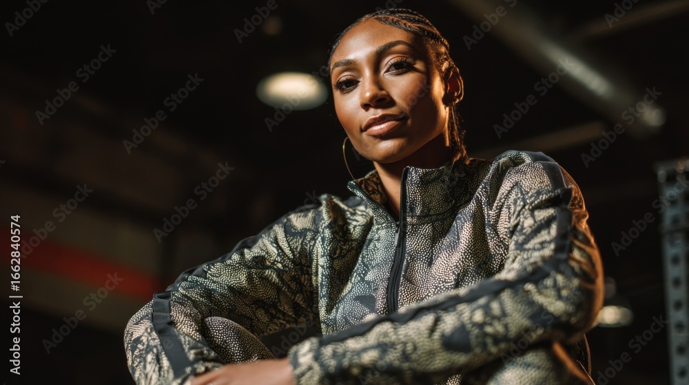Fototapeta premium A powerful young woman in a military-style jacket sits confidently in a gym. She is a dedicated athlete, representing strength, perseverance, and discipline in training.